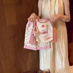 奶油女童卡通T恤套装新款秋季女孩插肩袖上衣卡通印花裤子两件套