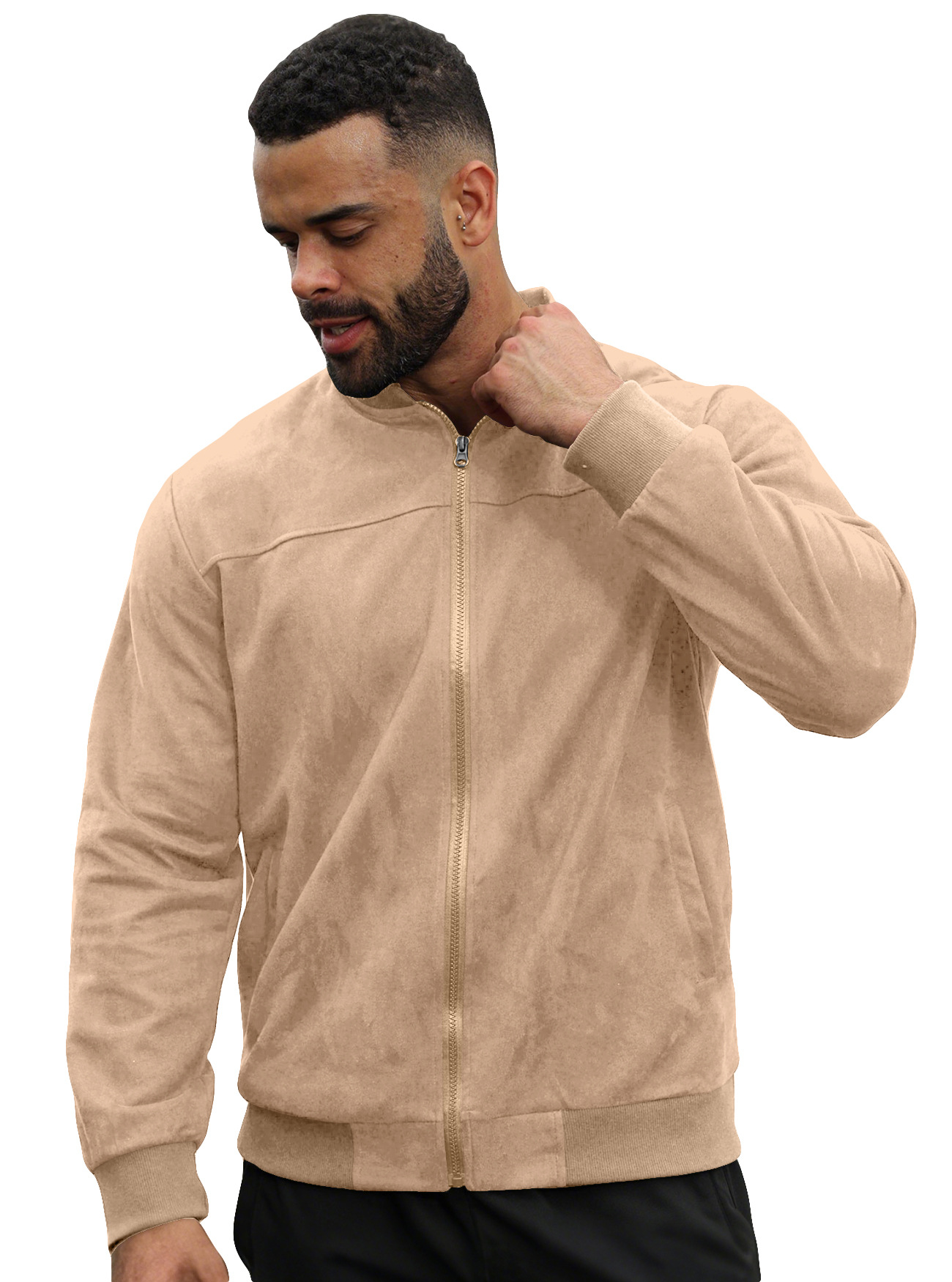 Chaqueta de aviador de gamuza para hombre, estilo europeo y americano, para otoño, color sólido, con cremallera, estilo retro americano, de manga larga.