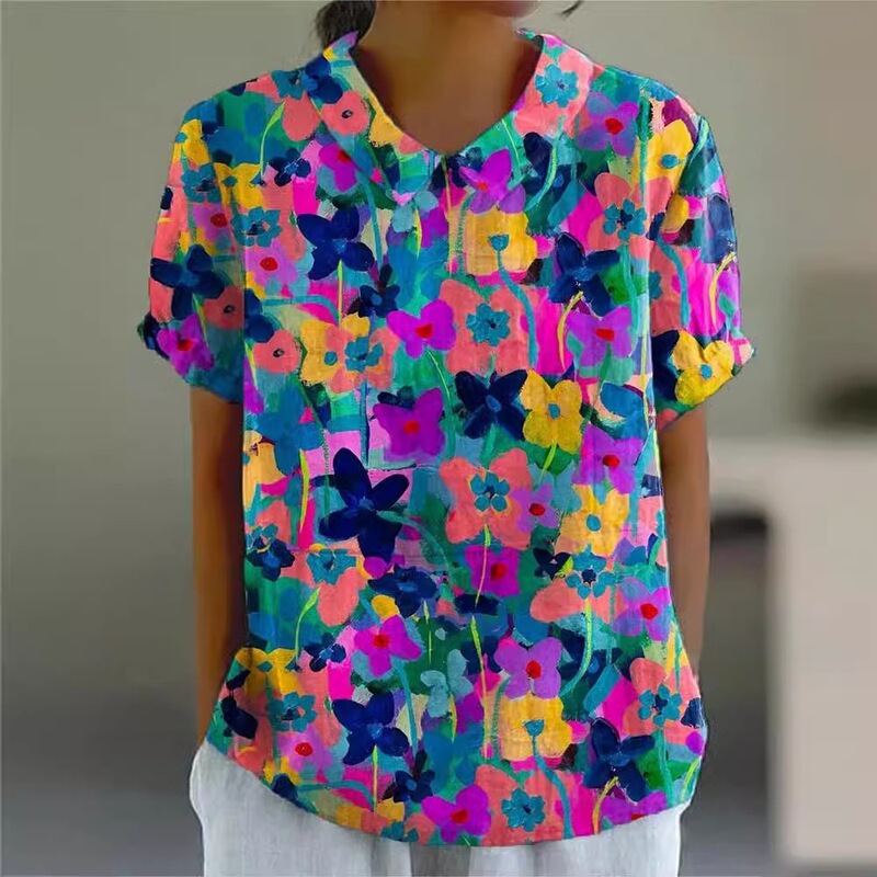 2026 Summer New Women's Short Sleeve Shirt Creative Retro Floral Cute Style Short Sleeve T-Shirt Direct Sale
