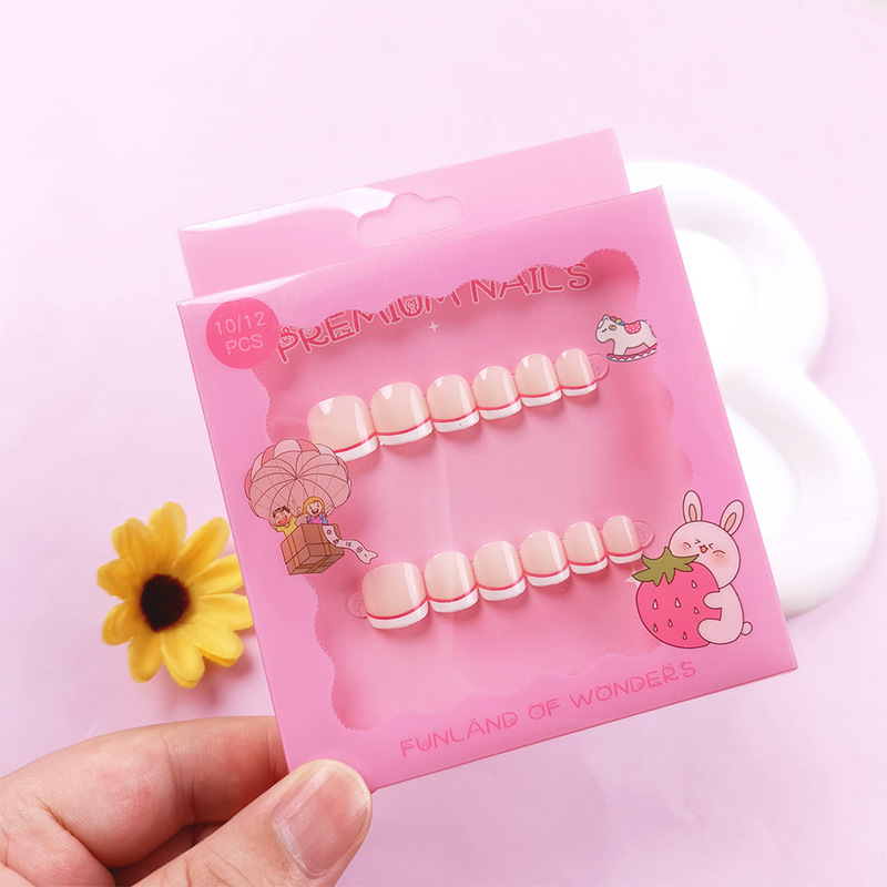 Simple French-Style Cute Children's Nail Stickers, 10 Pieces Student Nail Art Nail Pieces, Sweet and Skin-Brightening Nail Stickers Mixed Batch