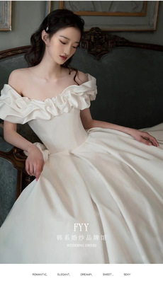 一字肩主婚纱2021新款新娘气质简约缎面大拖尾新娘出门纱一件代发