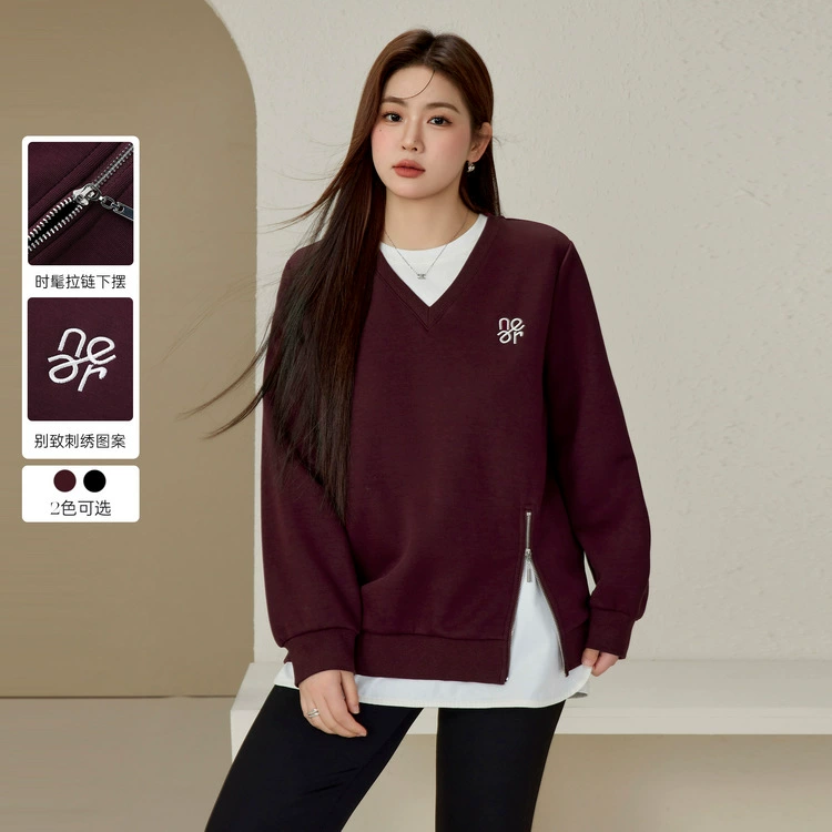 Стройное шоу большого размера женской одежды с молнией с открытым подолом нишевые дикие V-образный свитера толстый мм зимний новый