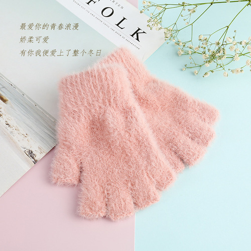 Factory Direct Sale Winter Half Finger Fake Mink Fur Student Adult Female Winter Couple Fleece Warm Gloves
