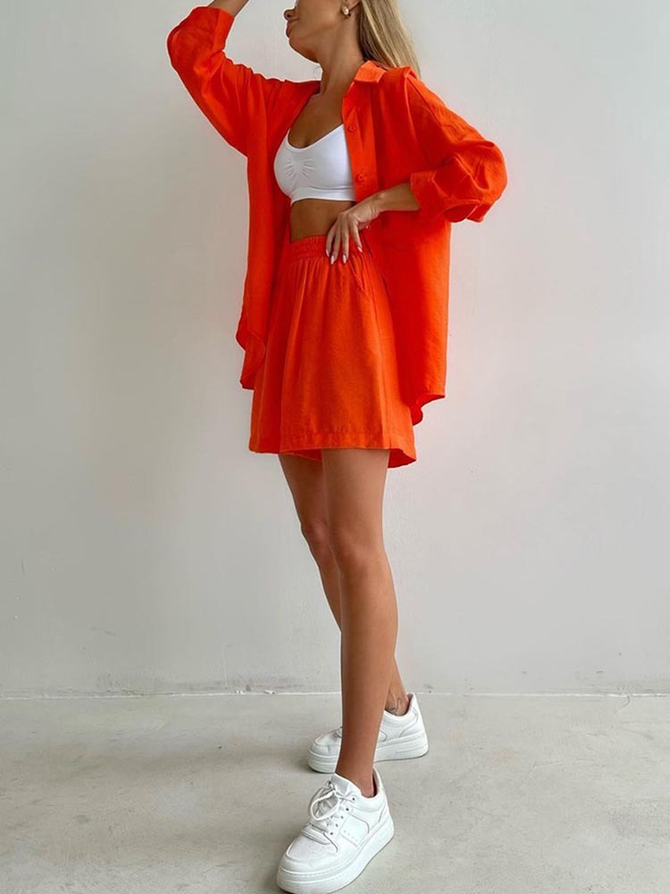 Women's Casual Solid Colour Long Sleeve Loose Sports Shorts Set_voghion.com