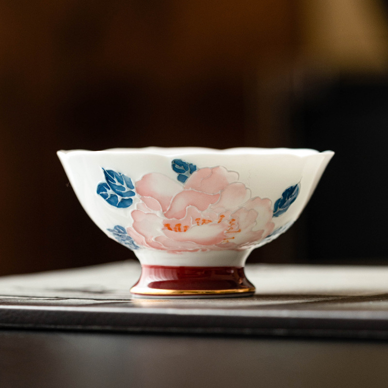 Hand-painted Gold Peony Flower Mouth Cup Household Ceramic Tea Cup Master Cup Kung Fu Tea Tasting Cup Tea Cup Tea Cup Gift Box
