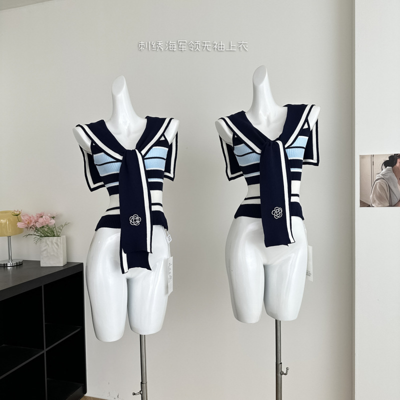 Real Shot of a High-End, Elegant Striped Knit Top with Embroidered Sailor Collar, Sleeveless Blouse for Women Real Shot of a High-End, Elegant Striped Knit Top with Embroidered Sailor Collar, Sleeveless Blouse for Women