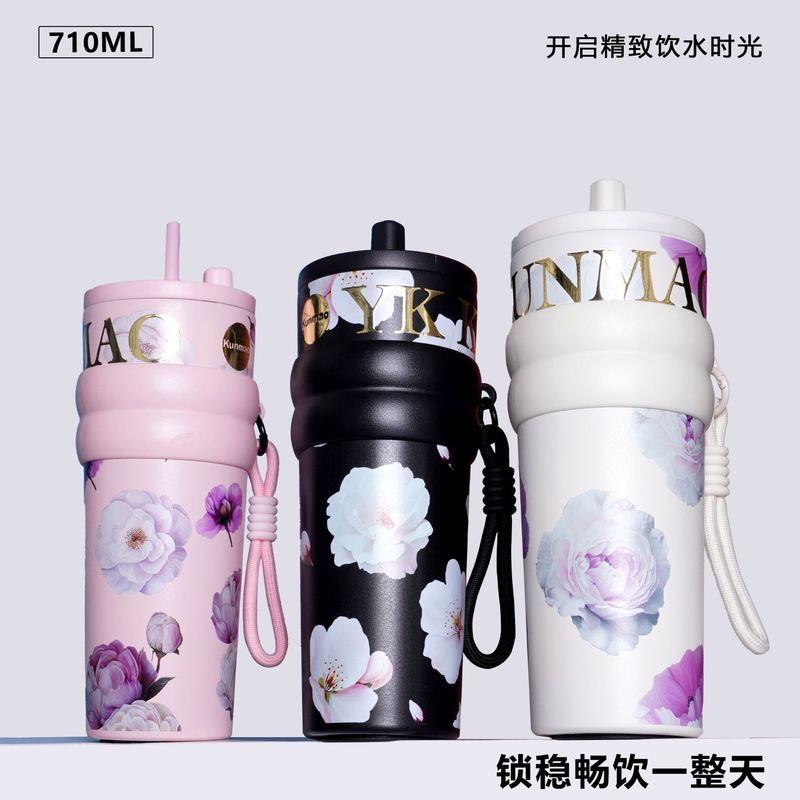 男性と女性のための新しい高品質の花柄魔法瓶カップ、大容量の316ステンレス鋼ストローカップ、屋外ポータブルハンドカップ|undefined