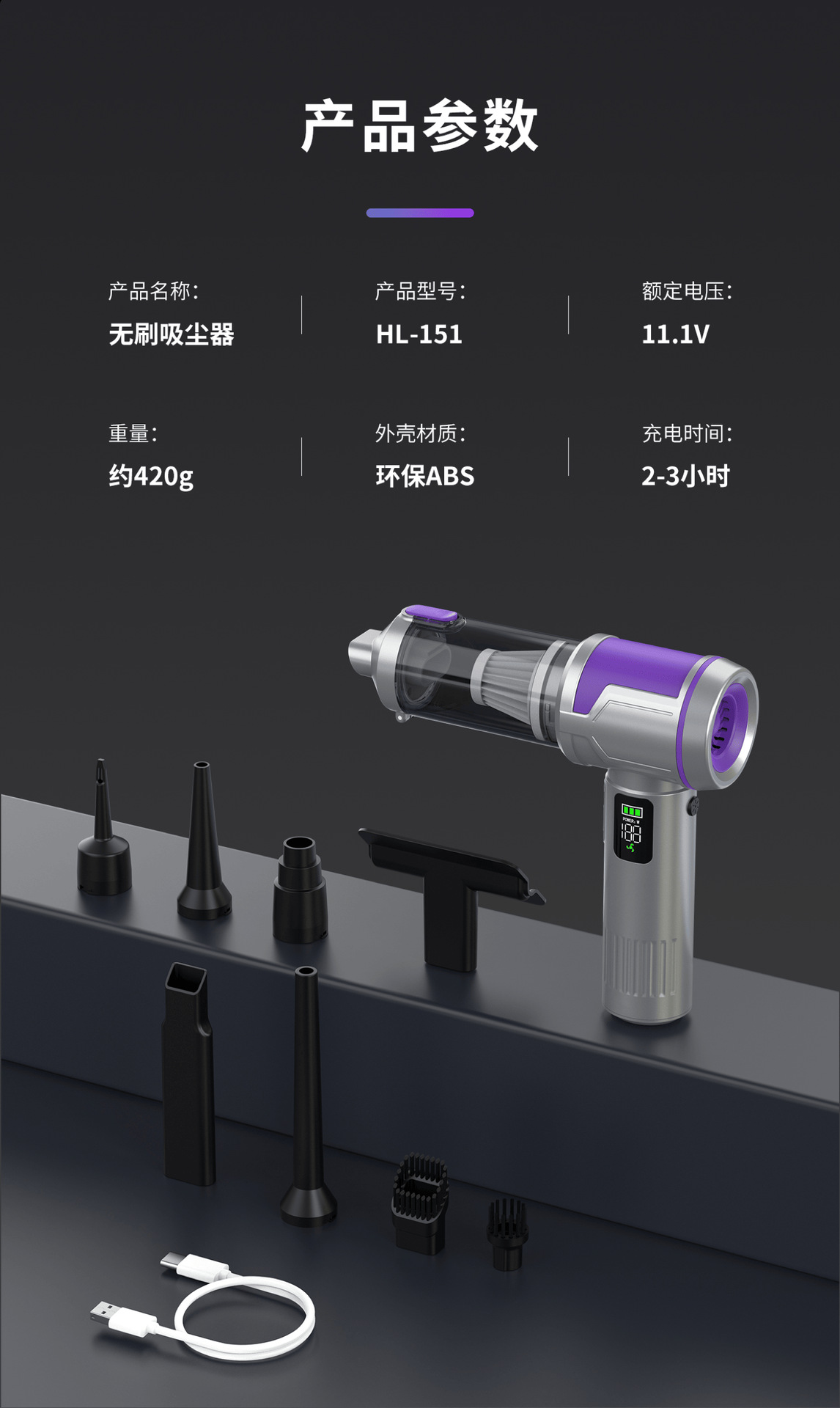 Fast-Charging Car Vacuum Cleaner with Digital Display Screen, Handheld Brushless Dust Blower, Wireless Car Vacuum Cleaner with Super Strong Suction Power