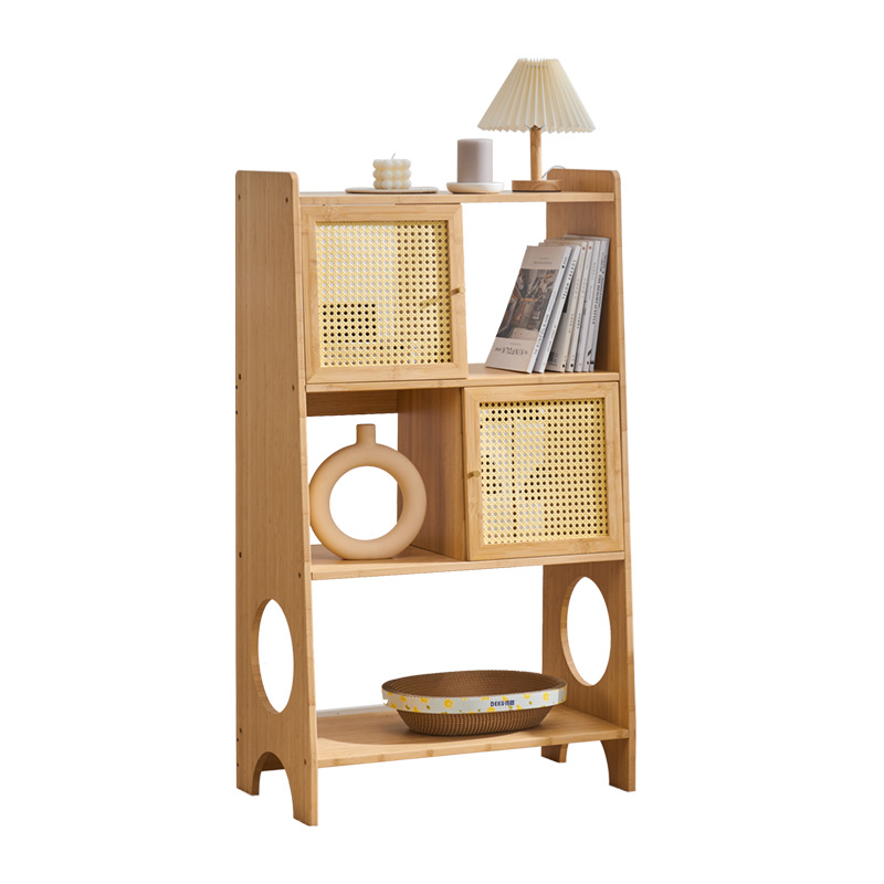 Estantería de ratán de estilo japonés estantería de piso con puerta gabinete de almacenamiento de sala de estar creativa Gabinete de exhibición de múltiples capas
