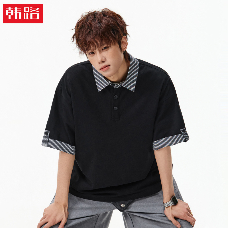 Polo Shirt with Contrasting Color Cuffs and Fake Two-Piece Design, Summer Style, Miu-Style Outfit, Striped Patchwork Short-Sleeve T-Shirt Polo Shirt with Contrasting Color Cuffs and Fake Two-Piece Design, Summer Style, Miu-Style Outfit, Striped Patchwork Short-Sleeve T-Shirt