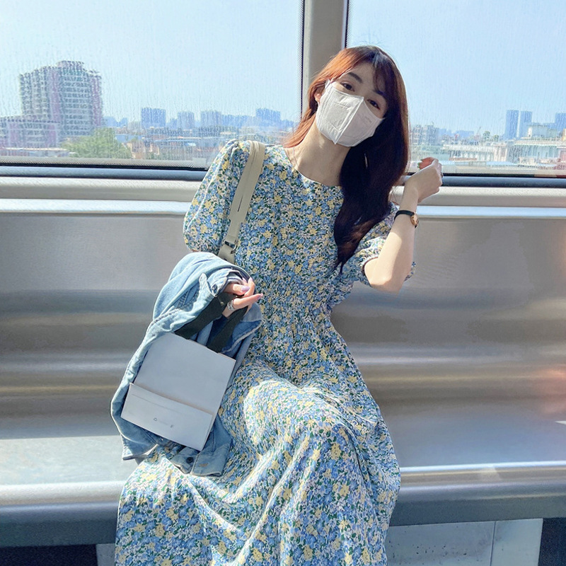 Fresh Style Bubble Sleeve Floral Dress Women's Summer 2021 New French Style First Love Gentle Style Elegant Long Dress