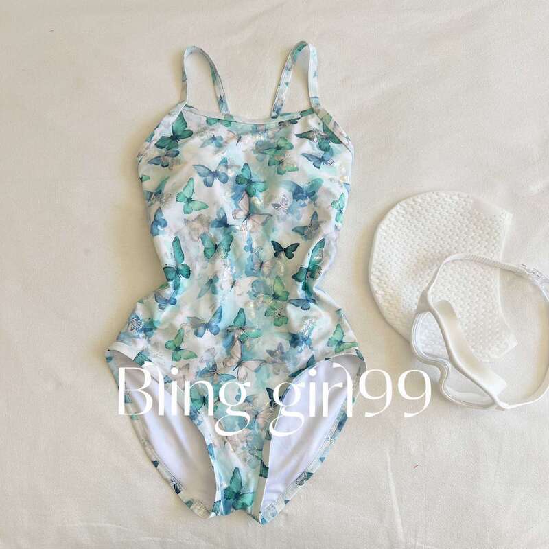 [Little Butterfly] Butterfly Print Slimming Belly Covering One-Piece Swimsuit Women's Fashionable Quick-Drying Training Competition Swimsuit