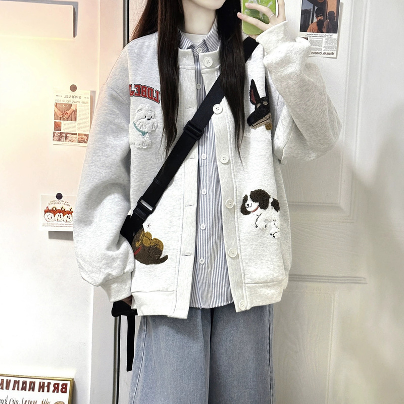 Gray puppy embroidered baseball jacket for women, 2025 new autumn American style oversized loose jacket Gray puppy embroidered baseball jacket for women, 2025 new autumn American style oversized loose jacket