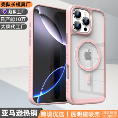 条纹双色适用iphone17promax透明磁吸手机壳金属按键防摔壳苹果16