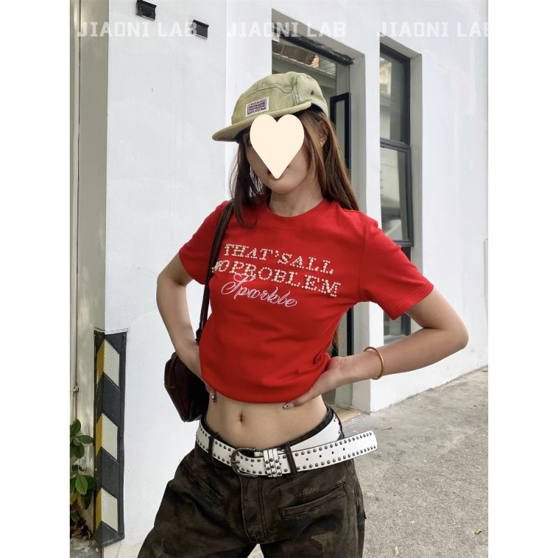 [210g 40 Count Fine Cotton 1*1] American Sexy Hot Diamond Beaded Letters Slim Short-Sleeved Women's Summer Pearl Top