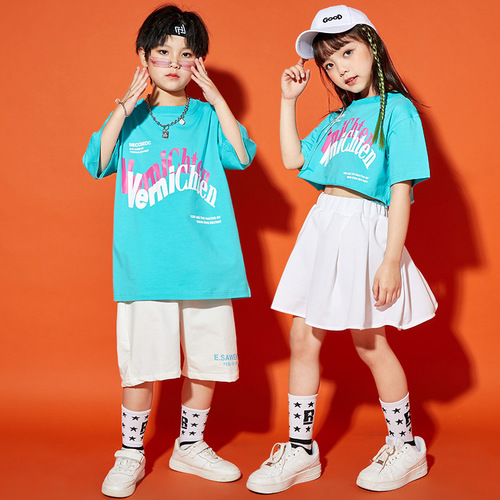 Turquoise hiphop dance costumes for Girls street jazz dance clothes children graduation school dance uniforms models hip-hop cheerleaders suit tide