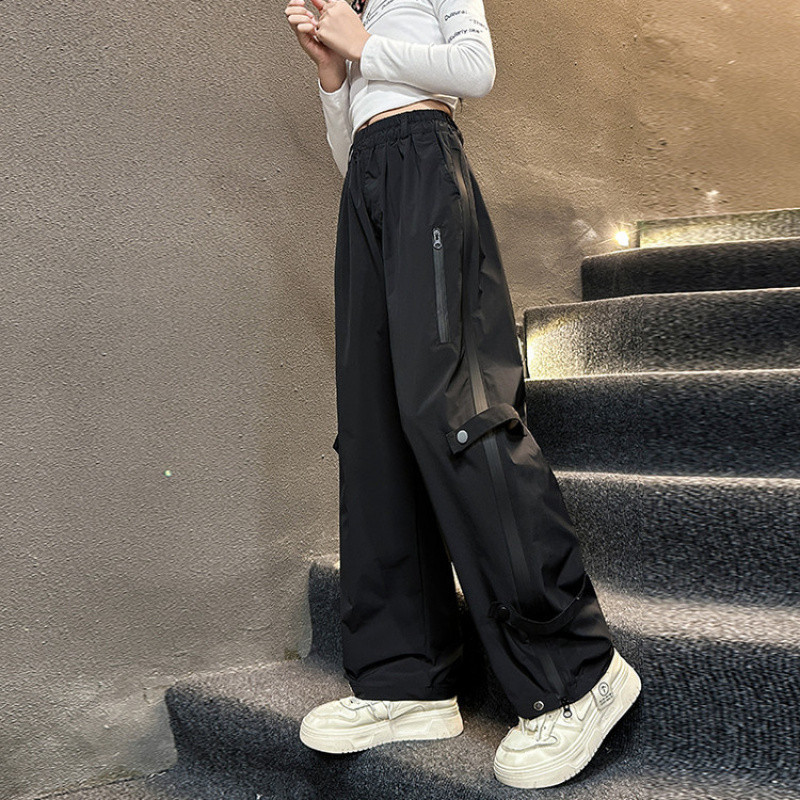 Zhili children's casual straight-leg cargo pants, wide-leg, loose, high-waisted, versatile, multi-pocket design, slimming and trendy.