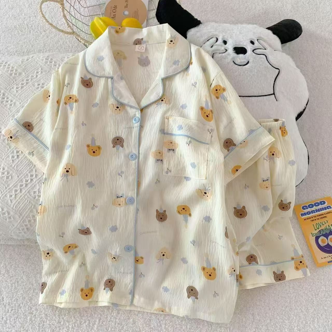 Cute punto de onda KT gato nubes pijamas de algodón mujer pantalones cortos de manga corta de verano coreano cuello de dibujos animados set de ropa para el hogar