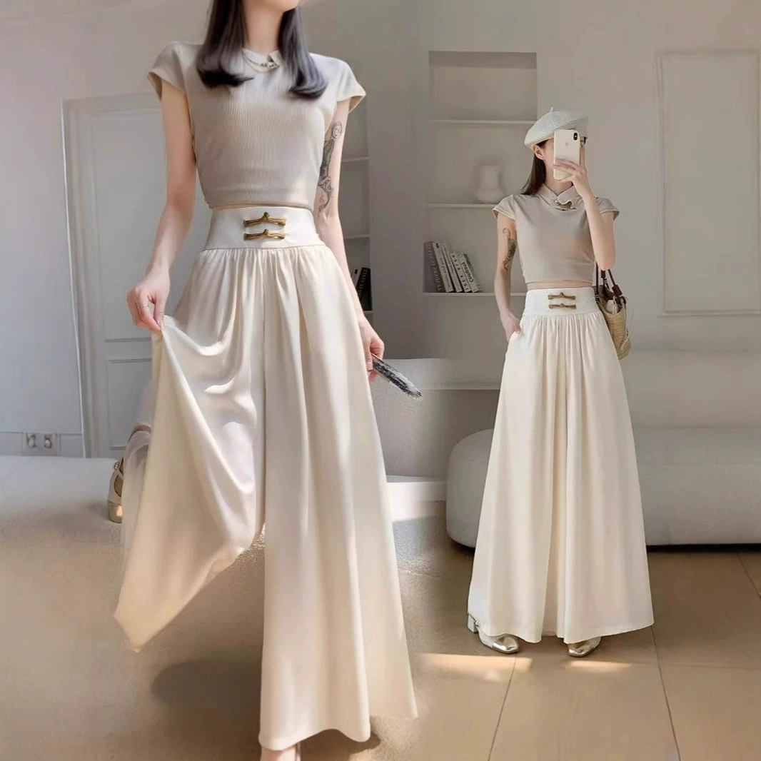 Женские весенне-летние новые широкие брюки-юбка с драпировкой, высокая талия на пуговицах, свободные повседневные длинные брюки оптом