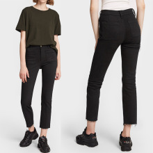 2024年早春新款 FD前贴袋黑色 欧美高腰九分散边贴袋小脚牛仔裤女