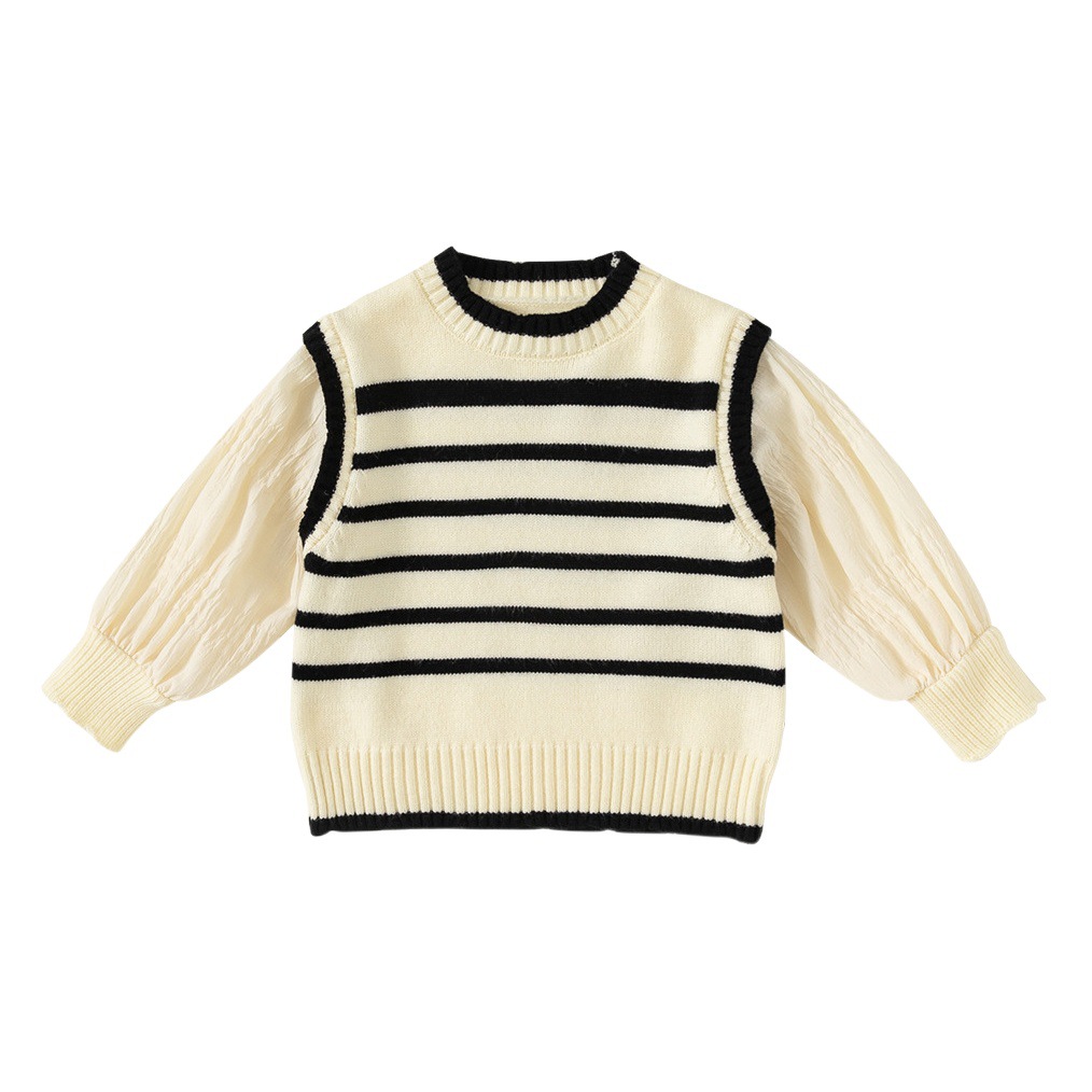 Suéter de otoño para niñas Youbao, a rayas, estilo dos piezas, elegante, tejido de punto, dulce, con mangas abullonadas, top infantil