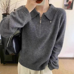 日韩秋冬2025新款翻领纯色polo领半拉链毛衣女针织衫设计感上衣潮
