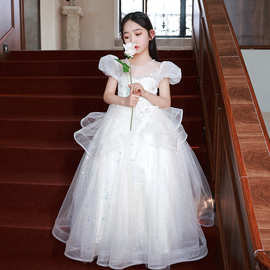 儿童礼服公主裙新款白色花童婚纱女童走秀小主持人钢琴演奏晚礼服