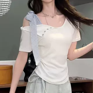 2026夏季新款甜美风不规则绑带蝴蝶结纽扣设计感修身短袖上衣ins