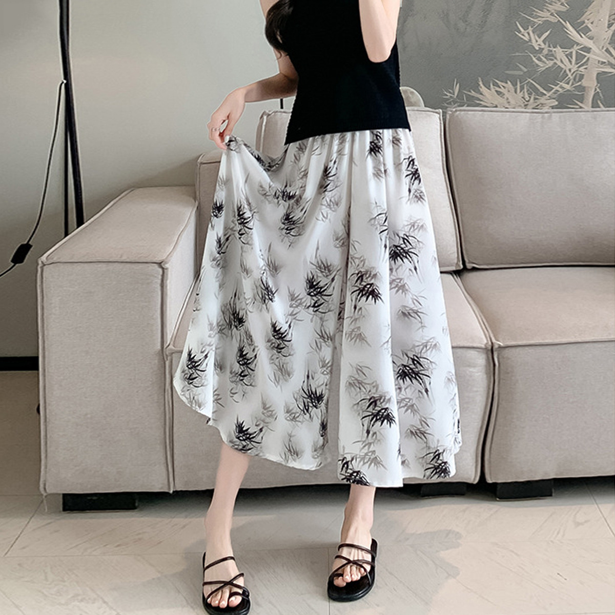 아이스 실크 시폰 CULOTTES 여성의 여름 얇은 2024 새로운 높은 허리 더미 스타일 잉크 그림 중국 스타일 넓은 다리 바지