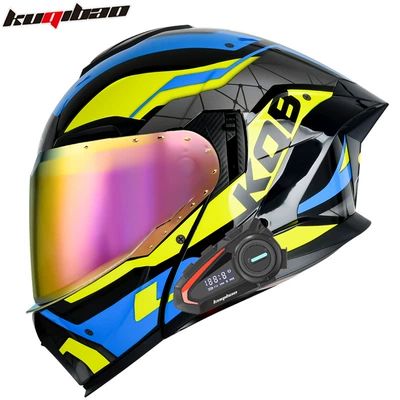 3C Certified Full-Face Helmet, Motosiklet kaskı (dəbilqə) - bright-black-guard-yellow-and-blue-with-k20-bluetooth-with-red-plating-m