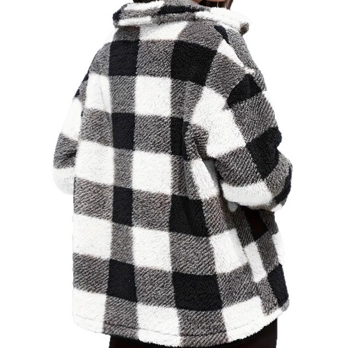 European and American Style Plaid Fleece Jacket with Pockets, Versatile Long-Sleeve Winter Fashion Casual Jacket