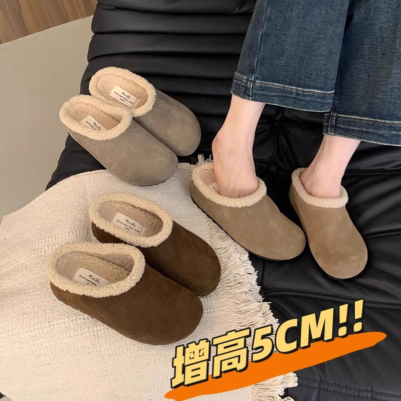 软皮版~厚底增高复古加绒勃肯鞋女外穿小个子一脚蹬包头保暖棉鞋|undefined