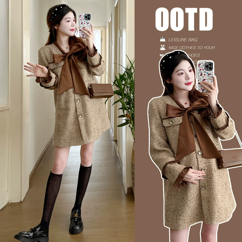 Dress for pregnant, autumn skirt with bow, Chanel style, high-quality style, oversize, fitted