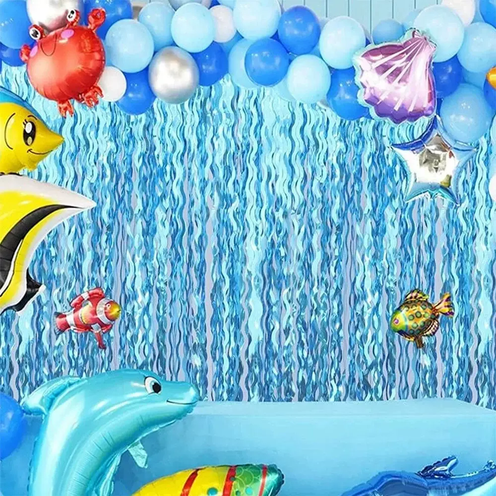 跨境蓝色波浪弯刀雨帘海洋美人鱼主题生日派对背景装饰道具批发
