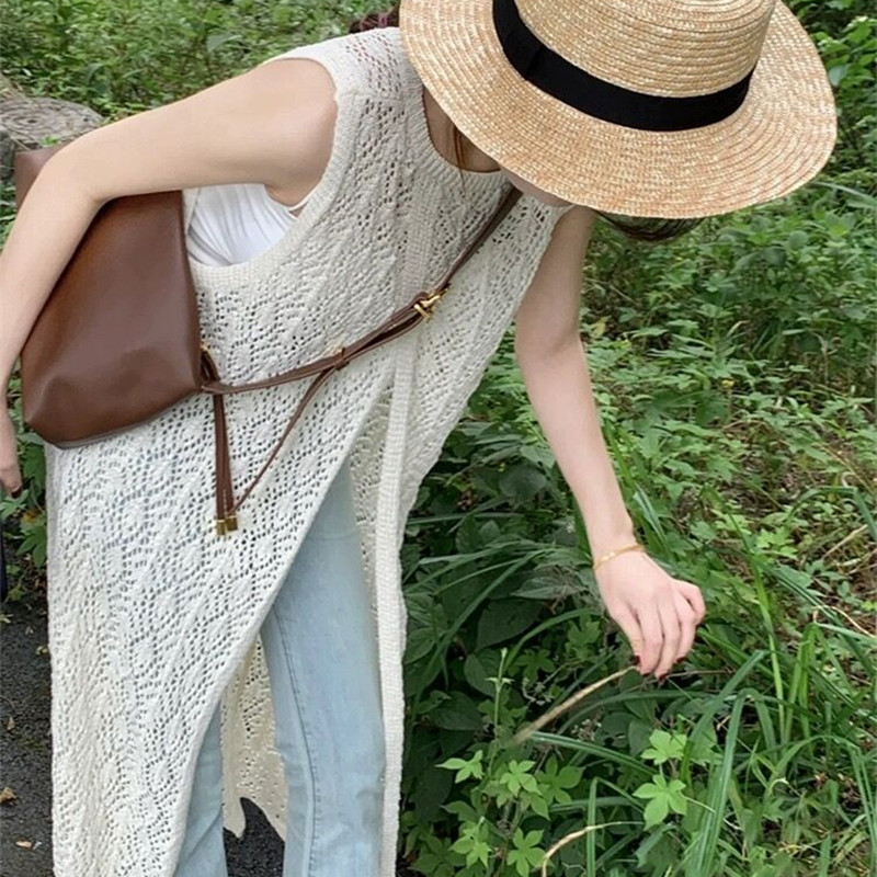 Trendy Designer-Inspired Niche Layered Knit Vest Dress with Back Slit, Summer Women's Long Dress with Round Neck, Thin Style