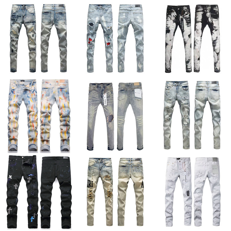 Foreign Trade Cross-Border Purplebr High Street Ripped Skinny Stretch Jeans with Patch Embroidery Vintage Am1Ri Denim