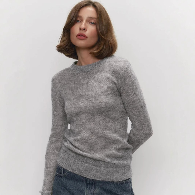 Cross-Border Mohair Round Neck Pullover Sweater European and American Style 2025 Spring/Summer New Comfortable Knit Base Semi-Sheer Sweater for Women Cross-Border Mohair Round Neck Pullover Sweater European and American Style 2025 Spring/Summer New Comfortable Knit Base Semi-Sheer Sweater for Women