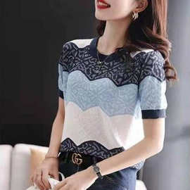 时尚新款网纱镂空圆领拼色冰丝短袖针织衫女夏季薄款宽松显瘦T恤