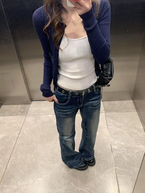 韩系减龄套装女春秋新款长袖纽扣宽松针织开衫纯色修身内搭两件套|undefined
