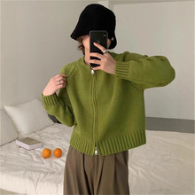 复古圆领粗针拉链毛衣开衫女厚外套秋冬短款小个子穿搭高腰针织衫