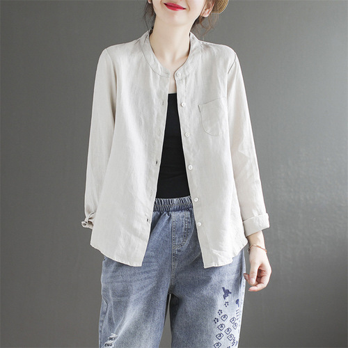 Art Deco Retro Cotton Linen Stand Collar Long Sleeve Women's Spring Summer Thin Loose Slimming Solid Color Casual Linen Top