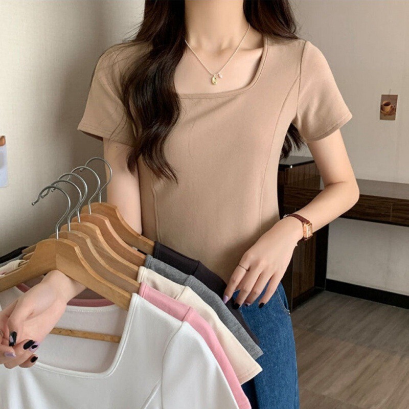 Square Neck, Straight Shoulder, Short-Sleeved T-Shirt, Summer Fishbone Design, Sporty Casual, Curved Hem, Fashionable White Top Ins