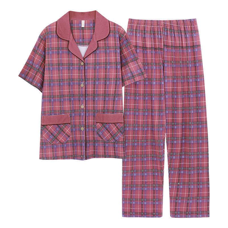 Pijama de algodón para mujer Pantalones de manga corta de verano más traje de chaqueta de mediana edad y madres de edad avanzada