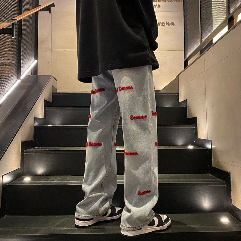 Blugi de stradă înaltă cu design hiphop pentru bărbați, toamnă și iarnă, lejeri, drepți, cu prosop de mop, brodați, pantaloni largi, rezistenți_voghion.com