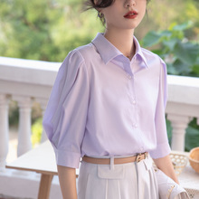 2024夏新款OL通勤气质职业衬衫女polo领衬衣短袖紫色宽松显瘦上衣