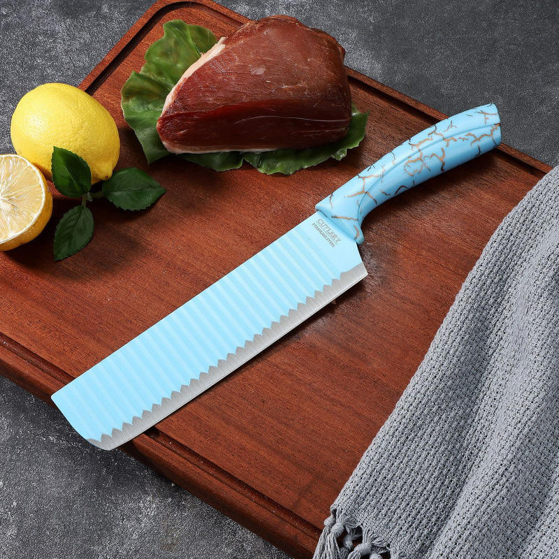 Cuchillo de cocina de punto transfronterizo de siete piezas con base de barril de mármol Cuchillo antiadherente corrugado Ventas directas de fábrica