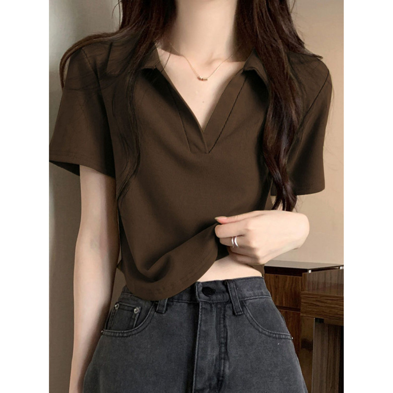 Brown Polo Collar Cotton Short-sleeved T-shirt Women's Summer Korean Style Chic Small Slim-fit Slimming Short Top
