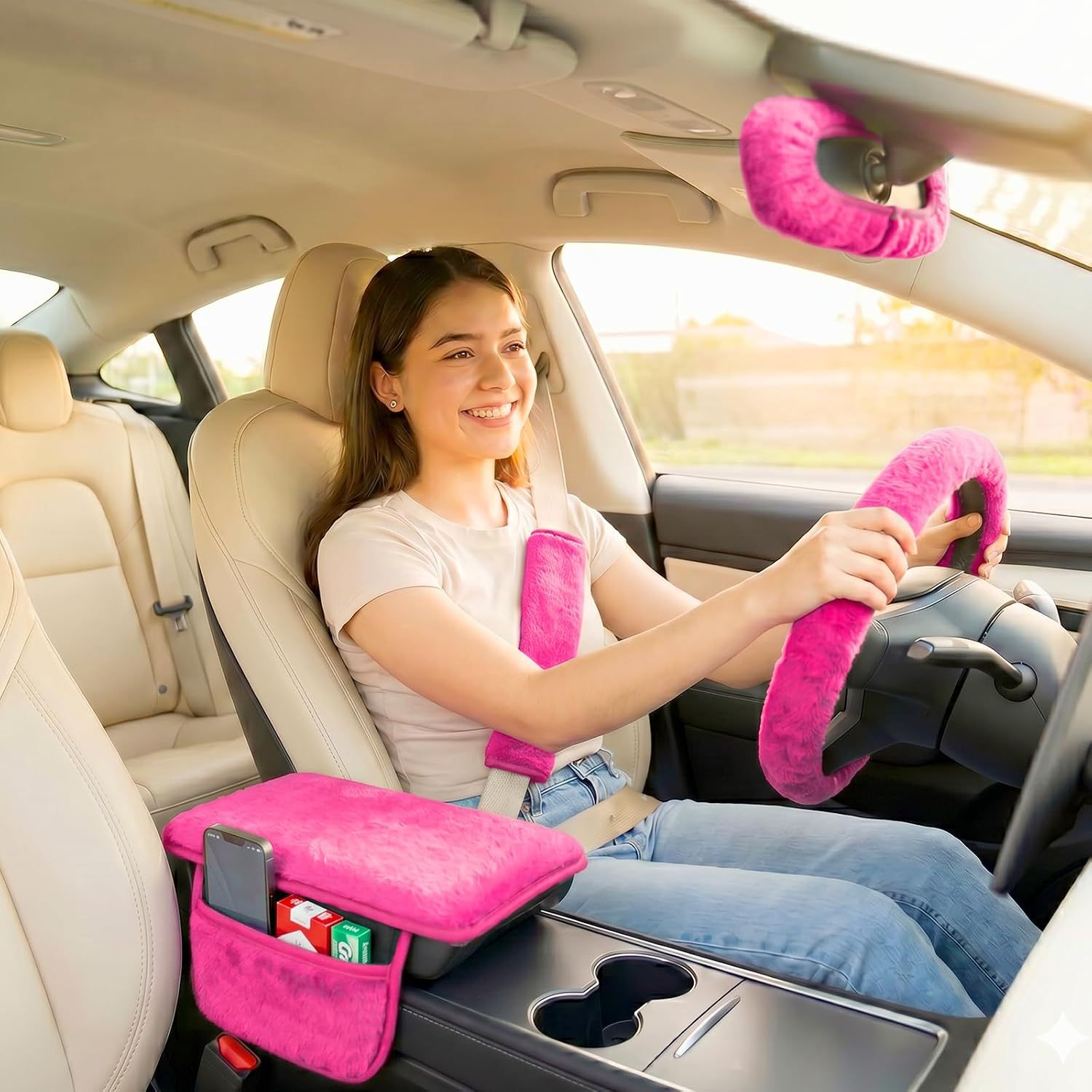 Cross-border plush steering wheel cover, seat belt cover, armrest box pad, car interior accessory set, winter warm and cute