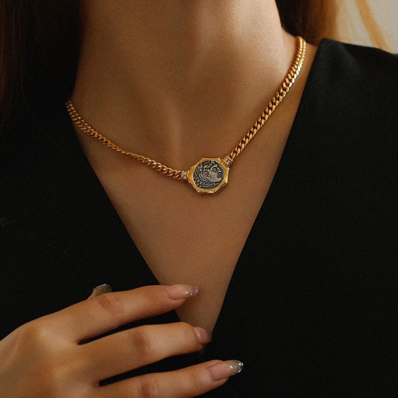 Collana con catena a moneta in argento, stile minimalista e retrò, perfetta per donne, ispirata alla moda europea e americana. Stile retrò._voghion.com
