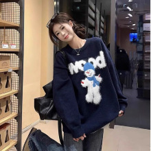 绵羊绒卡通小雪人慵懒风毛衣女秋冬圆领宽松软糯设计感套头上衣女